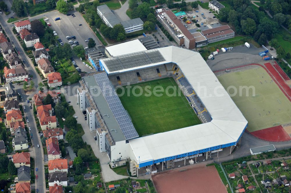 Aerial photograph Bielefeld - Die Schüco Arena, auch Bielefelder Alm oder Alm-Stadion genannt, im Grundbuch eingetragen als Stadion an der Melanchthonstraße, ist die Wettkampfstätte des Deutschen Sportclubs Arminia Bielefeld. Das Stadion an der Melanchthonstraße. The Schüco Arena / Stadium Bielefeld.