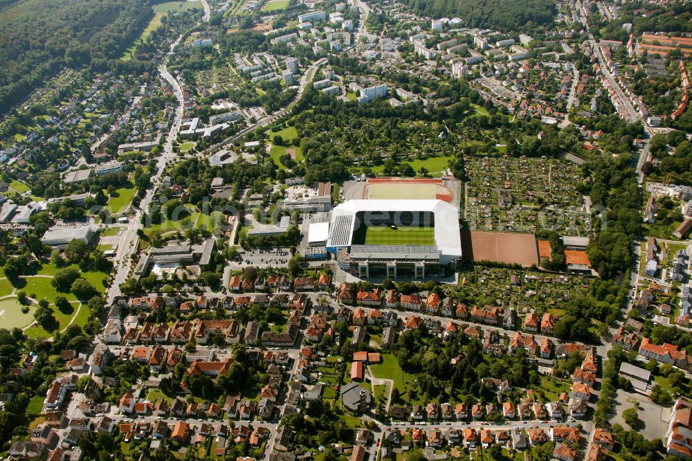 Bielefeld from the bird's eye view: Die Schüco Arena, auch Bielefelder Alm oder Alm-Stadion genannt, im Grundbuch eingetragen als Stadion an der Melanchthonstraße, ist die Wettkampfstätte des Deutschen Sportclubs Arminia Bielefeld. Das Stadion an der Melanchthonstraße. The Schüco Arena / Stadium Bielefeld.