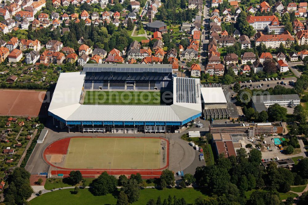 Aerial photograph Bielefeld - Die Schüco Arena, auch Bielefelder Alm oder Alm-Stadion genannt, im Grundbuch eingetragen als Stadion an der Melanchthonstraße, ist die Wettkampfstätte des Deutschen Sportclubs Arminia Bielefeld. Das Stadion an der Melanchthonstraße. The Schüco Arena / Stadium Bielefeld.