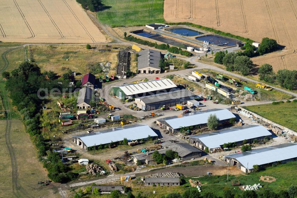 Aerial image Mühlenberge - Barn building on the edge of agricultural fields and farmland in Muehlenberge in the state Brandenburg, Germany