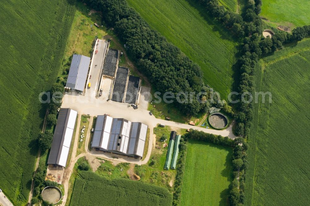 Aerial photograph Fredenbeck - Barn building on the edge with solar- panels of agricultural fields and farmland in Fredenbeck in the state Lower Saxony, Germany