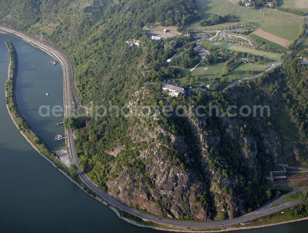 Sankt Goarshausen from above - Die Loreley in der Nähe von Sankt Goarshausen. Der bekannte Schieferfelsen ist Teil des UNESCO-Welterbes Oberes Mittelrheintal und gilt als Inbegriff der Rheinromantik. The Loreley near Sankt Goarshausen. The famous shale rock is part of the UNESCO World Heritage Upper Middle Rhine Valley and is the epitome of the Romantic Rhine.