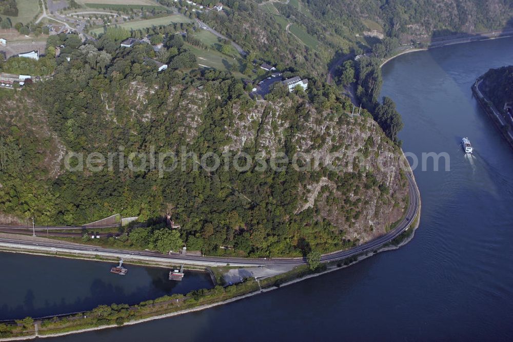 Aerial image Sankt Goarshausen - Die Loreley in der Nähe von Sankt Goarshausen. Der bekannte Schieferfelsen ist Teil des UNESCO-Welterbes Oberes Mittelrheintal und gilt als Inbegriff der Rheinromantik. The Loreley near Sankt Goarshausen. The famous shale rock is part of the UNESCO World Heritage Upper Middle Rhine Valley and is the epitome of the Romantic Rhine.