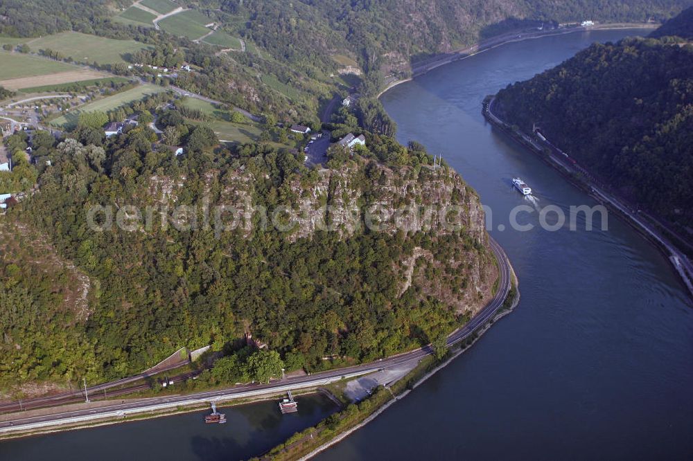 Sankt Goarshausen from above - Die Loreley in der Nähe von Sankt Goarshausen. Der bekannte Schieferfelsen ist Teil des UNESCO-Welterbes Oberes Mittelrheintal und gilt als Inbegriff der Rheinromantik. The Loreley near Sankt Goarshausen. The famous shale rock is part of the UNESCO World Heritage Upper Middle Rhine Valley and is the epitome of the Romantic Rhine.