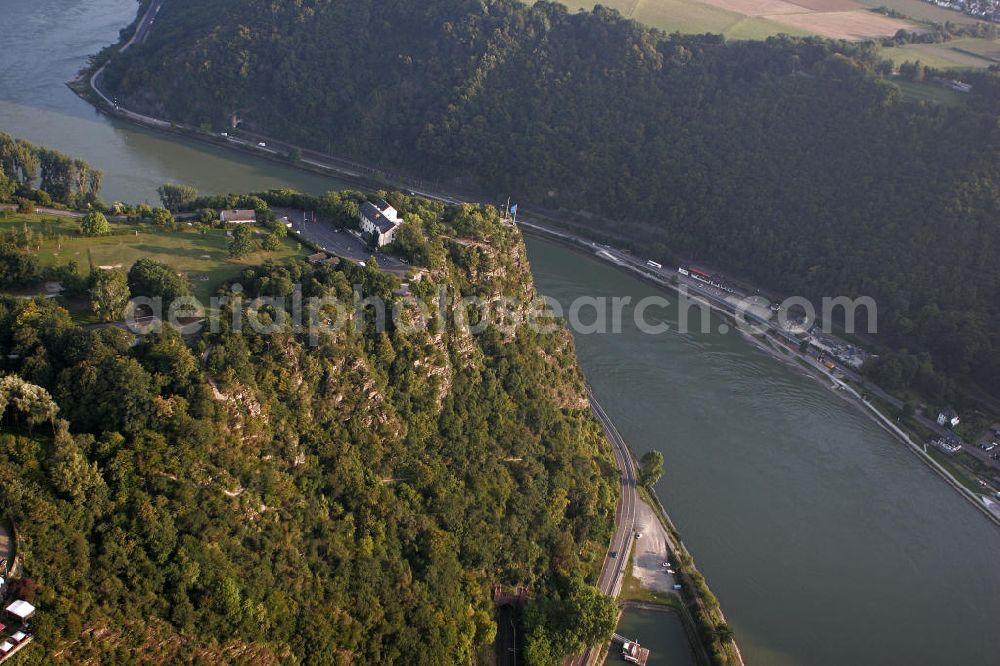 Aerial image Sankt Goarshausen - Die Loreley in der Nähe von Sankt Goarshausen. Der bekannte Schieferfelsen ist Teil des UNESCO-Welterbes Oberes Mittelrheintal und gilt als Inbegriff der Rheinromantik. The Loreley near Sankt Goarshausen. The famous shale rock is part of the UNESCO World Heritage Upper Middle Rhine Valley and is the epitome of the Romantic Rhine.