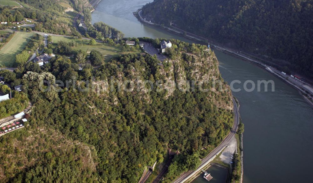 Aerial photograph Sankt Goarshausen - Die Loreley in der Nähe von Sankt Goarshausen. Der bekannte Schieferfelsen ist Teil des UNESCO-Welterbes Oberes Mittelrheintal und gilt als Inbegriff der Rheinromantik. The Loreley near Sankt Goarshausen. The famous shale rock is part of the UNESCO World Heritage Upper Middle Rhine Valley and is the epitome of the Romantic Rhine.