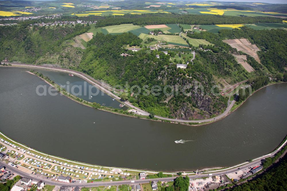 Aerial image Sankt Goarshausen - Die Loreley in der Nähe von Sankt Goarshausen. Der bekannte Schieferfelsen ist Teil des UNESCO-Welterbes Oberes Mittelrheintal und gilt als Inbegriff der Rheinromantik. The Loreley near Sankt Goarshausen. The famous shale rock is part of the UNESCO World Heritage Upper Middle Rhine Valley and is the epitome of the Romantic Rhine.