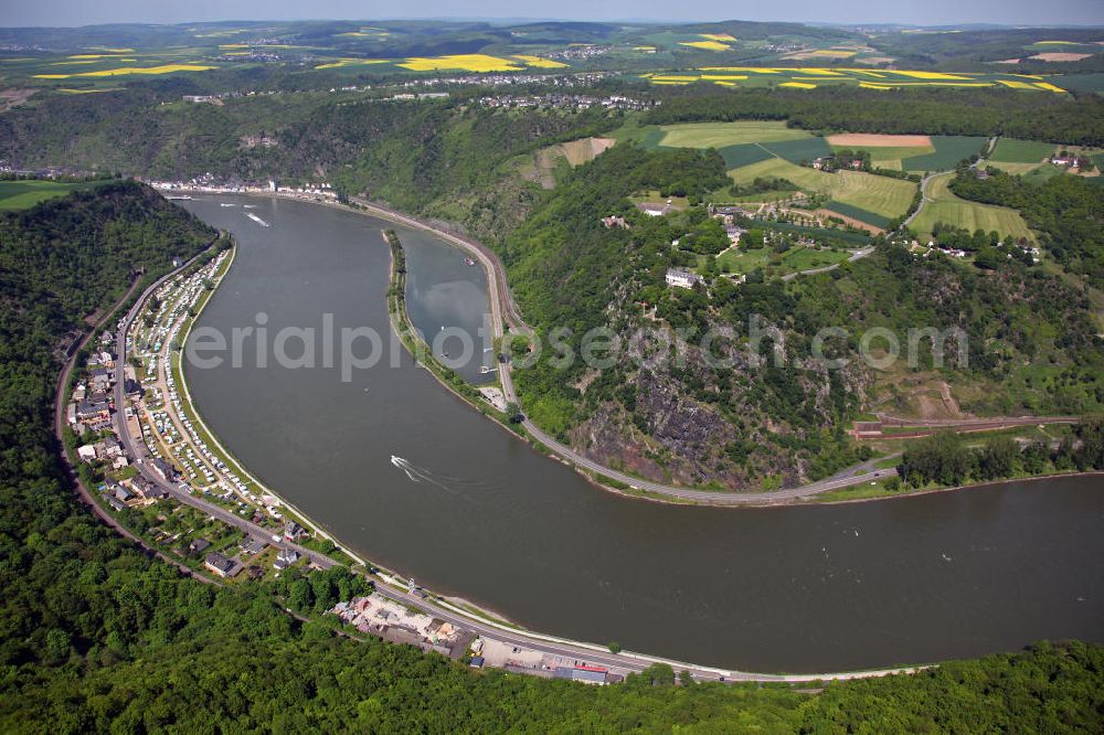 Aerial photograph Sankt Goarshausen - Die Loreley in der Nähe von Sankt Goarshausen. Der bekannte Schieferfelsen ist Teil des UNESCO-Welterbes Oberes Mittelrheintal und gilt als Inbegriff der Rheinromantik. The Loreley near Sankt Goarshausen. The famous shale rock is part of the UNESCO World Heritage Upper Middle Rhine Valley and is the epitome of the Romantic Rhine.