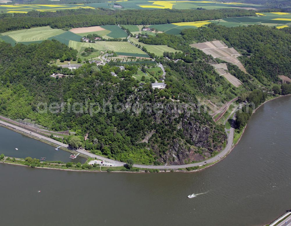 Aerial image Sankt Goarshausen - Die Loreley in der Nähe von Sankt Goarshausen. Der bekannte Schieferfelsen ist Teil des UNESCO-Welterbes Oberes Mittelrheintal und gilt als Inbegriff der Rheinromantik. The Loreley near Sankt Goarshausen. The famous shale rock is part of the UNESCO World Heritage Upper Middle Rhine Valley and is the epitome of the Romantic Rhine.