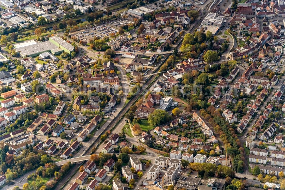 Aerial image Emmendingen - Railway track and overhead wiring harness in the route network of the Deutsche Bahn in Emmendingen in the state Baden-Wuerttemberg, Germany