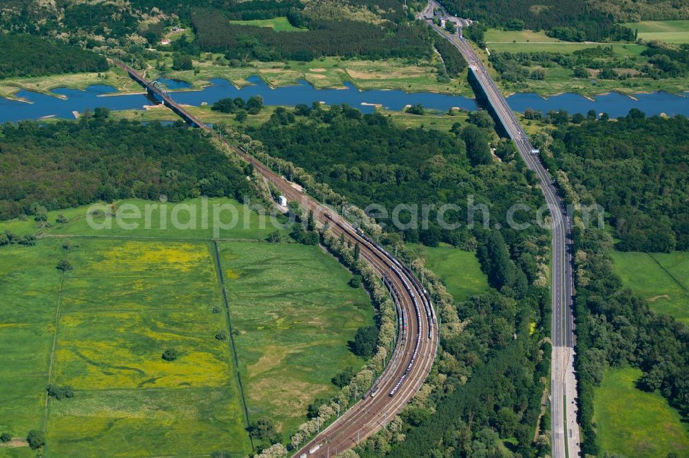 Aerial image Frankfurt (Oder) - Railway track and overhead wiring harness in the route network of the Deutsche Bahn in Frankfurt (Oder) in the state Brandenburg, Germany