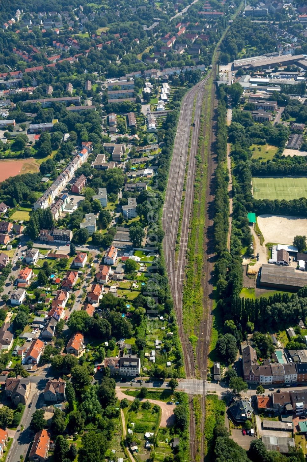 Gladbeck from above - Railway track and overhead wiring harness in the route network of the Deutsche Bahn in Gladbeck in North Rhine-Westphalia