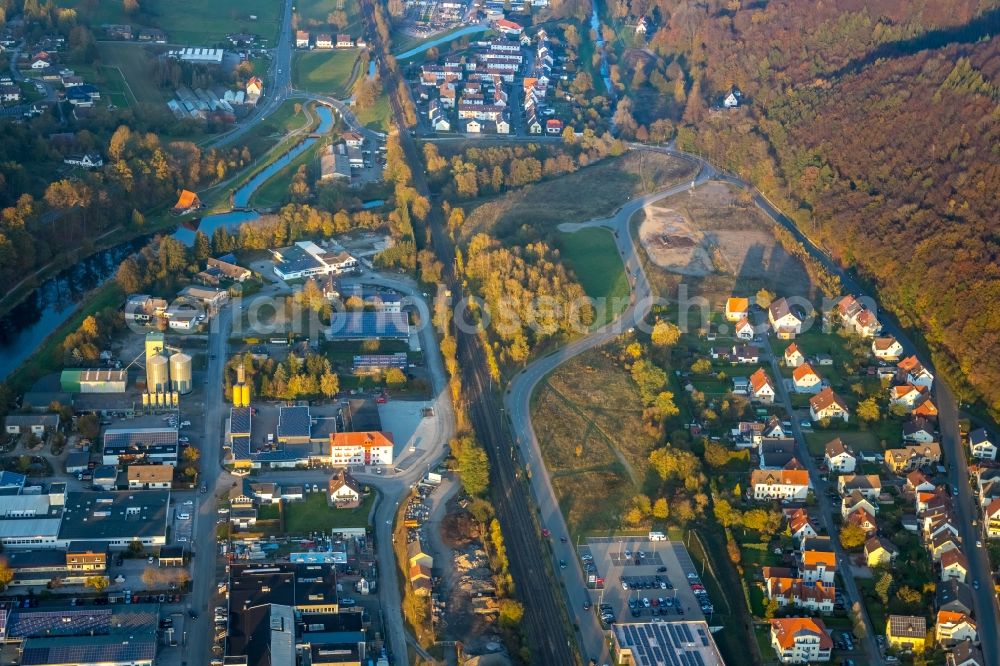 Marsberg from the bird's eye view: Railway track and overhead wiring harness in the route network of the Deutsche Bahn in Marsberg in the state North Rhine-Westphalia, Germany