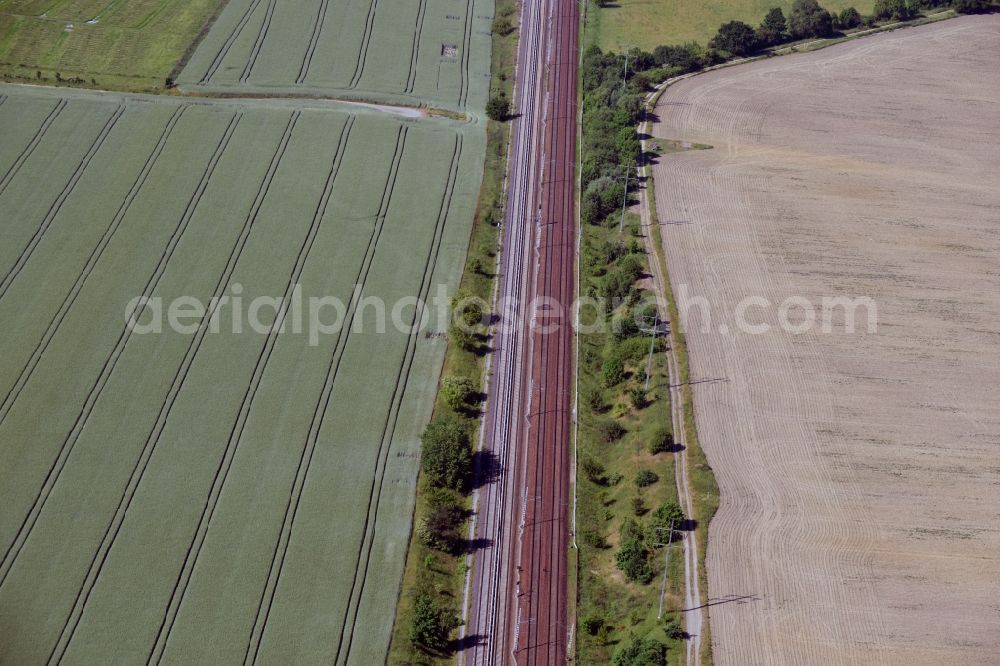 Aerial image Schönefeld - Railway track and overhead wiring harness in the route network of the Deutsche Bahn in Schoenefeld in the state Brandenburg, Germany