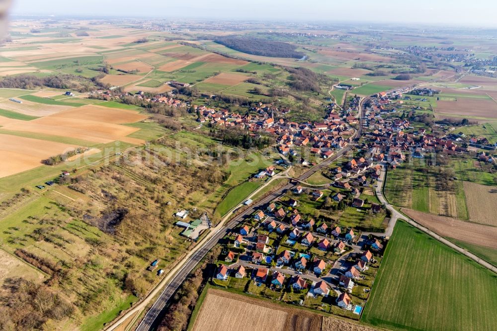 Ettendorf from the bird's eye view: Railway track and overhead wiring harness in the TGV route network of the SNCF in Ettendorf in Grand Est, France