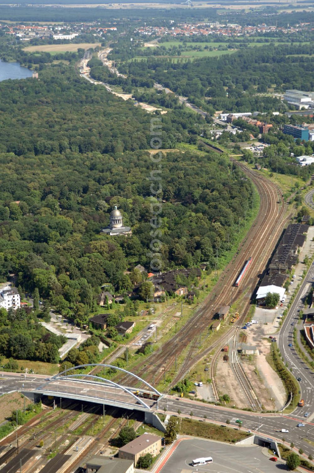 Dessau from the bird's eye view: Blick auf die Schienentrasse der Deutschen Bahn in Nord / Süd- Richtung von Dessau nach Wolfen / Bitterfeld