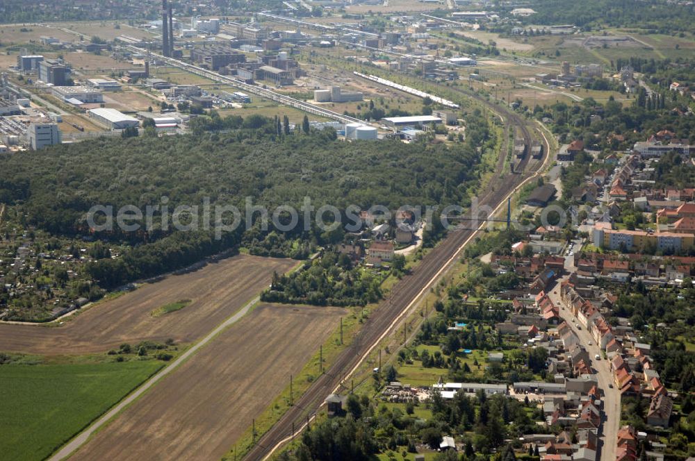 Wolfen from above - Blick auf die Schienentrasse der Deutschen Bahn in Nord / Süd- Richtung von Dessau kommend nach Wolfen-Bitterfeld