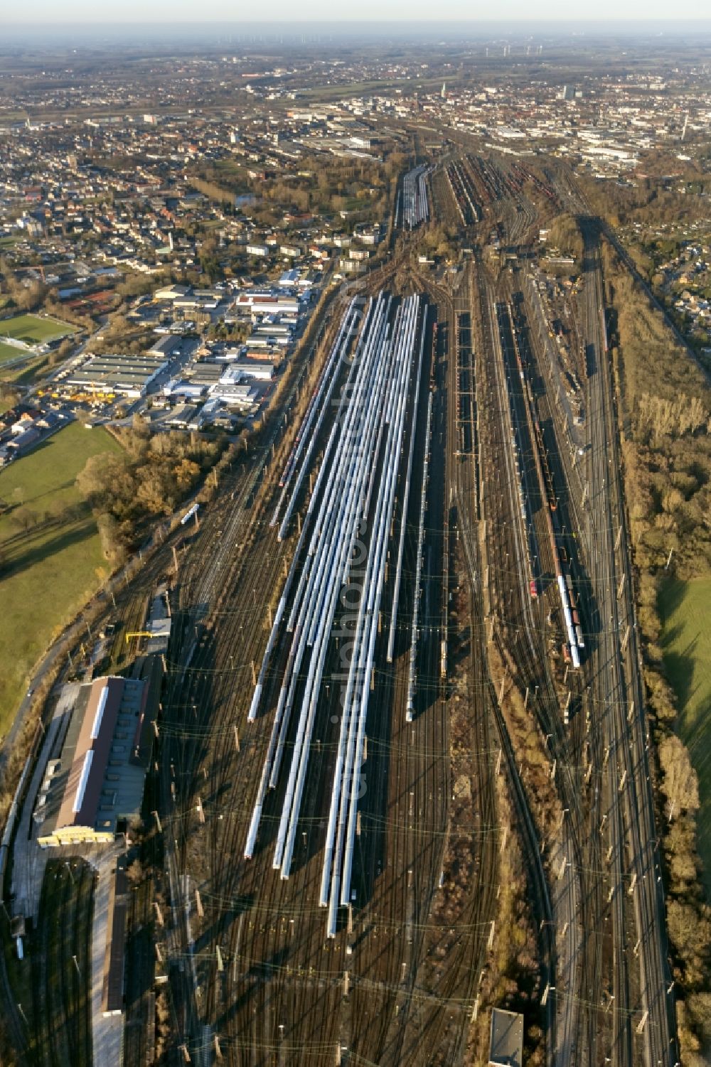 Hamm from above - Rail traffic on the shunting and freight station in Hamm in North Rhine-Westphalia. The former largest freight railway station in Europe is now partially closed