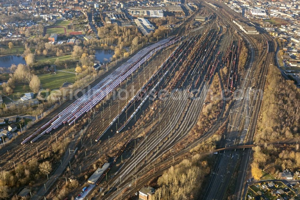 Hamm from the bird's eye view: Rail traffic on the shunting and freight station in Hamm in North Rhine-Westphalia. The former largest freight railway station in Europe is now partially closed