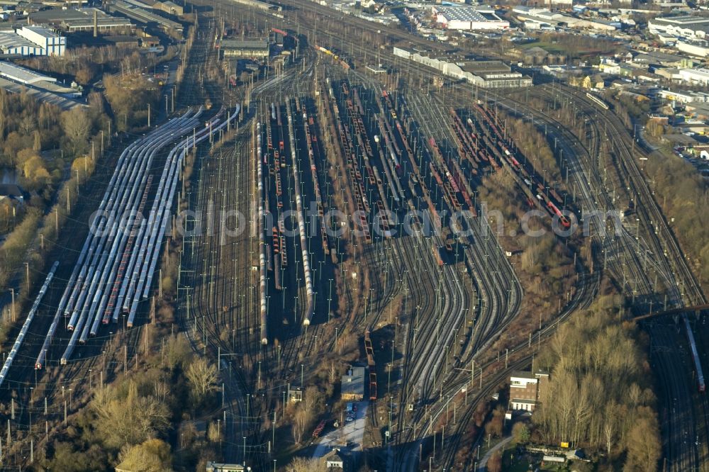 Aerial image Hamm - Rail traffic on the shunting and freight station in Hamm in North Rhine-Westphalia. The former largest freight railway station in Europe is now partially closed