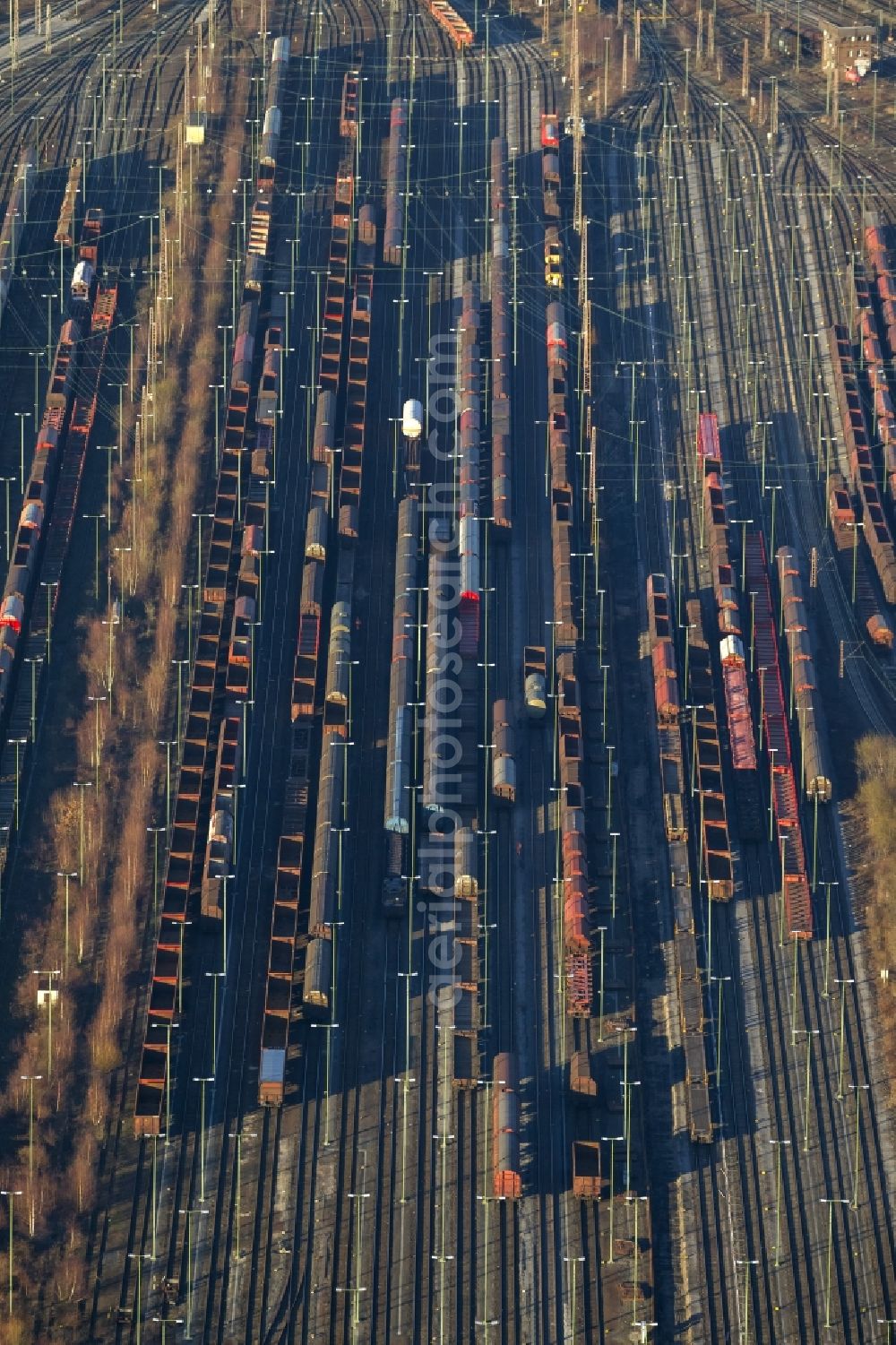 Hamm from above - Rail traffic on the shunting and freight station in Hamm in North Rhine-Westphalia. The former largest freight railway station in Europe is now partially closed