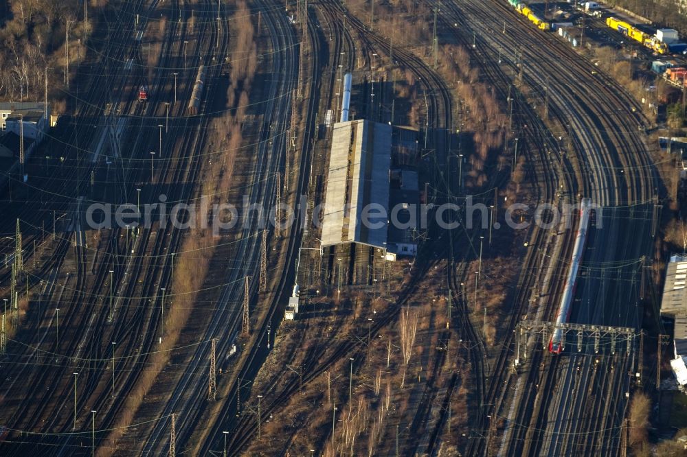 Hamm from the bird's eye view: Rail traffic on the shunting and freight station in Hamm in North Rhine-Westphalia. The former largest freight railway station in Europe is now partially closed