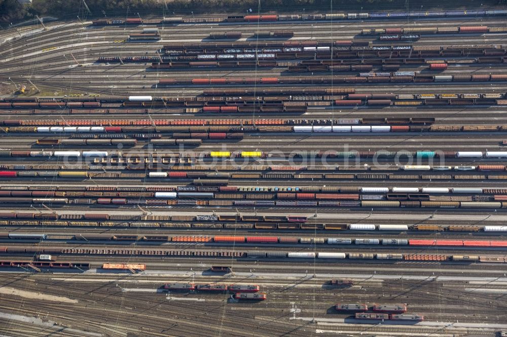 Hamm from above - Rail traffic on the shunting and freight station in Hamm in North Rhine-Westphalia. The former largest freight railway station in Europe is now partially closed