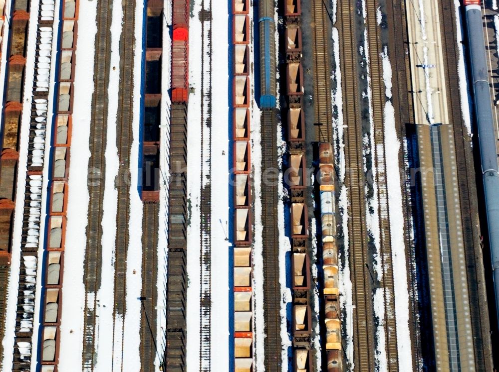 Wunsiedel from above - View of track wagons in a wintery surrounding near Wunsiedel in the state Bavaria