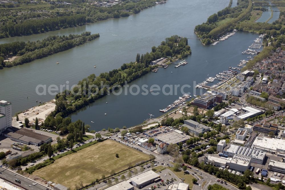 Wiesbaden from the bird's eye view: Pleasure boat marina with docks and moorings on the shore area Schierstein harbor in Wiesbaden in the state Hesse, Germany