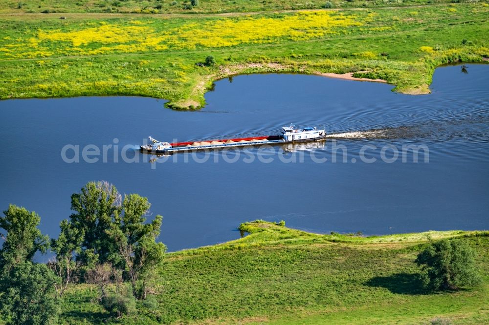 Aerial image Rogätz - Inland navigation ship Marcel in motion on the waterway of the river Elbe in Rogaetz in the state Saxony-Anhalt, Germany