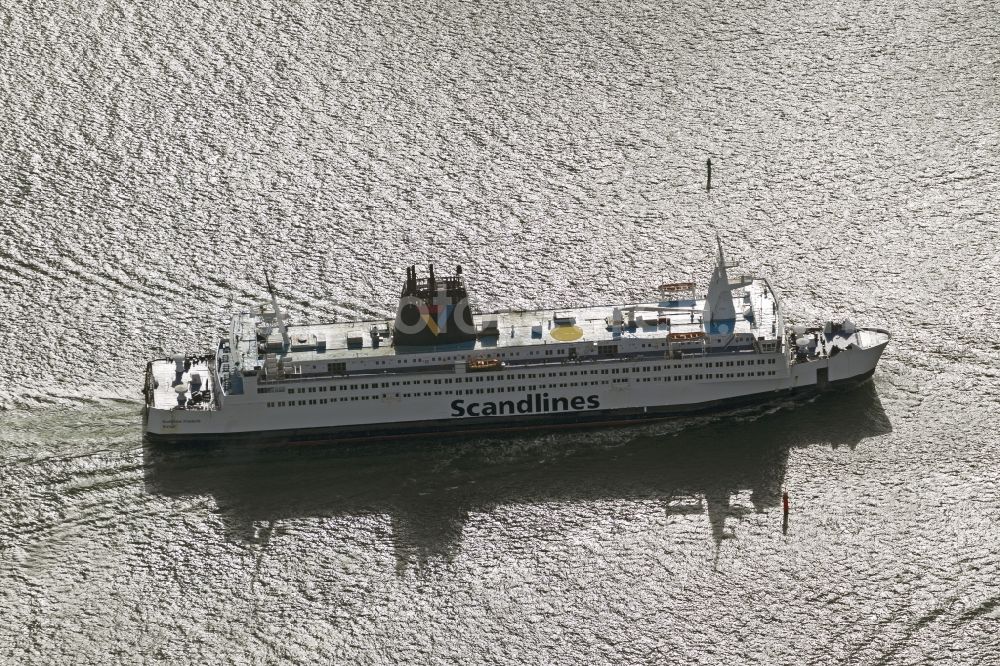 Aerial photograph Rostock - Warnemünde - The Scandlines ferry Kronprins Frederik Korsor in front of Warnemünde Baltic Sea coast