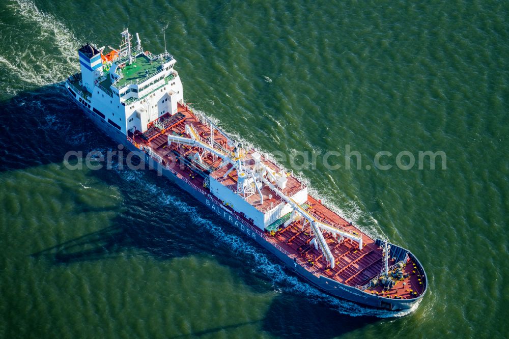 Cuxhaven from above - Ship - special ship in motion Chemical tanker Cemoclipper Baltrader on Osterhoeftstrasse in Cuxhaven on the Elbe in the state Lower Saxony, Germany