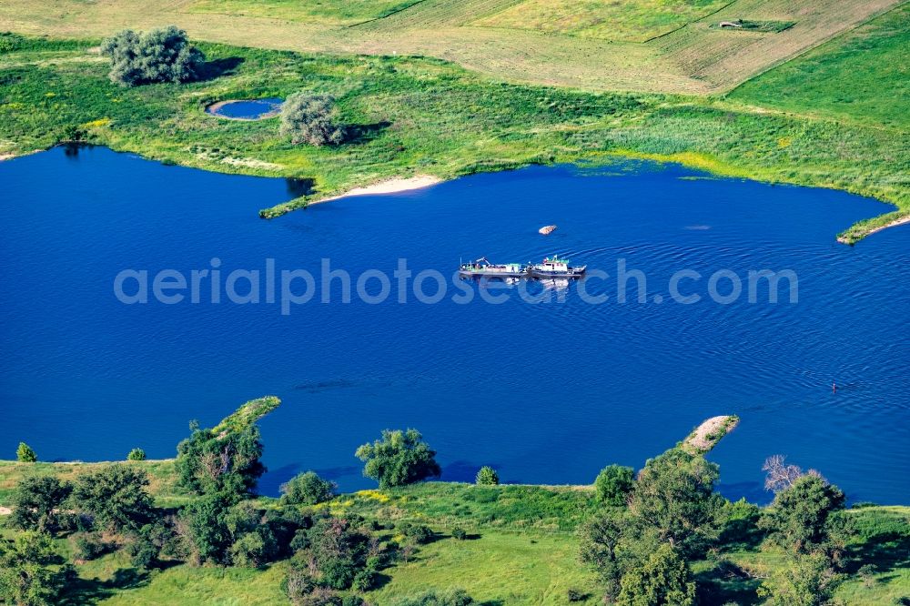 Aerial image Jerichow - Ship - specialized vessel in driving on the Elbe river in Jerichow in the state Saxony-Anhalt, Germany