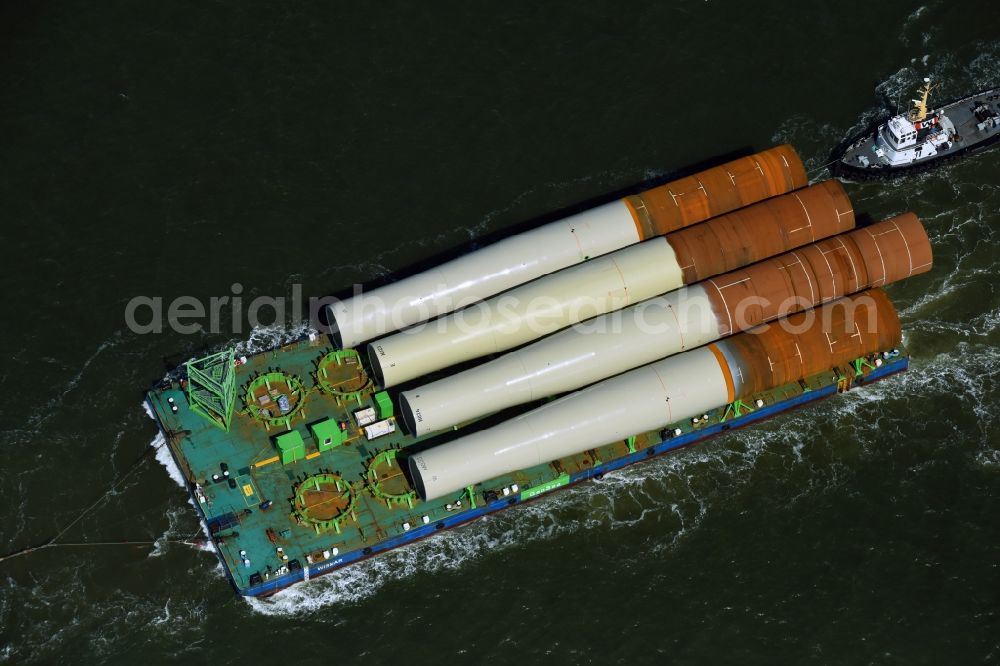 Cuxhaven from above - Ship - specialized vessel in driving for the GeoSea, das Offshore-Wasserbauunternehmen of DEME-Group in Cuxhaven in the state Lower Saxony, Germany