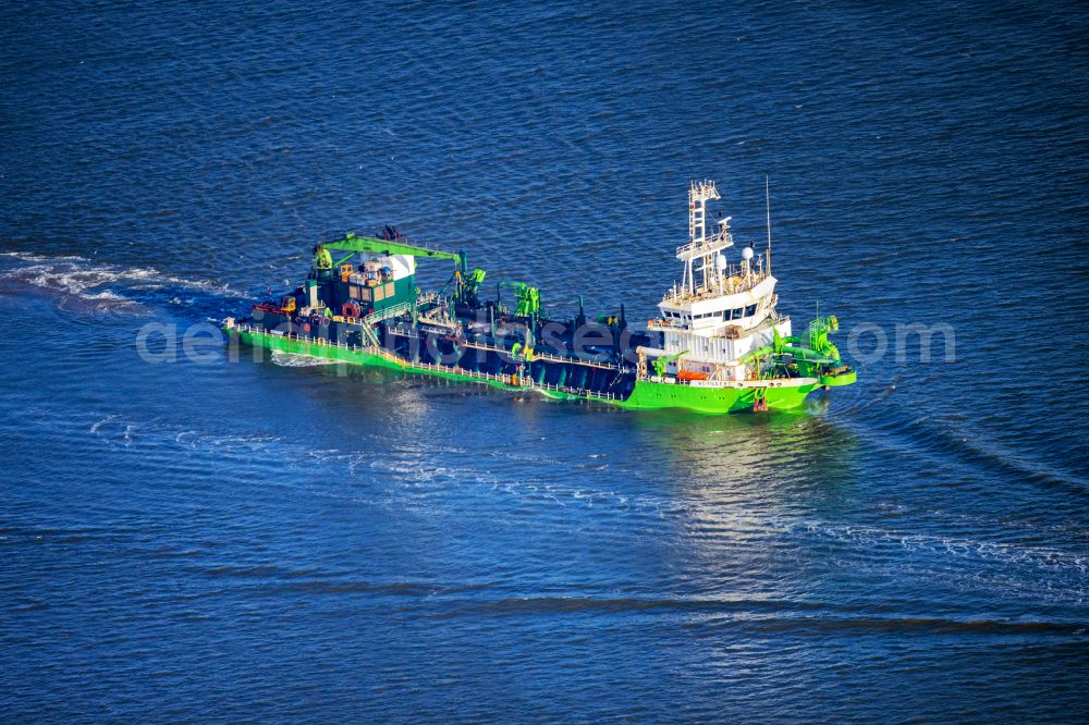 Balje from above - Ship - specialized vessel in driving Saugbagger Reynaert in Balje in the state Lower Saxony, Germany