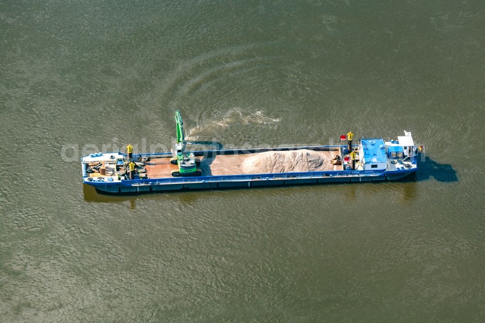 Aerial image Brambach - Inland navigation vessels Genthin with excavators on the waterway of the Elbe river in Brambach in the state Saxony-Anhalt, Germany