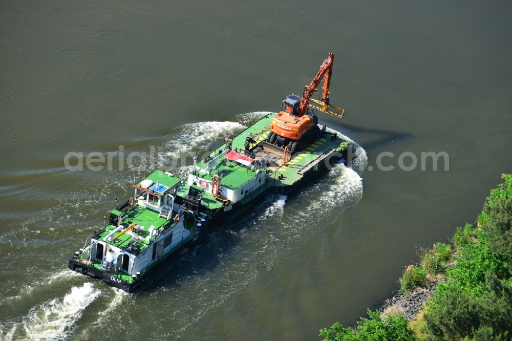 Burg (bei Magdeburg) from the bird's eye view: Ships and barge trains inland waterway transport in driving on the waterway of the river Elbe-Havel Canal in Burg (bei Magdeburg) in the state Saxony-Anhalt