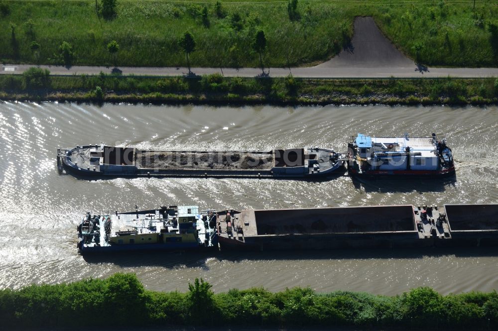 Aerial image Elbe-Parey - Ships and barge trains inland waterway transport in driving on the waterway of the river the Elbe-Havel canal in Elbe-Parey in the state Saxony-Anhalt