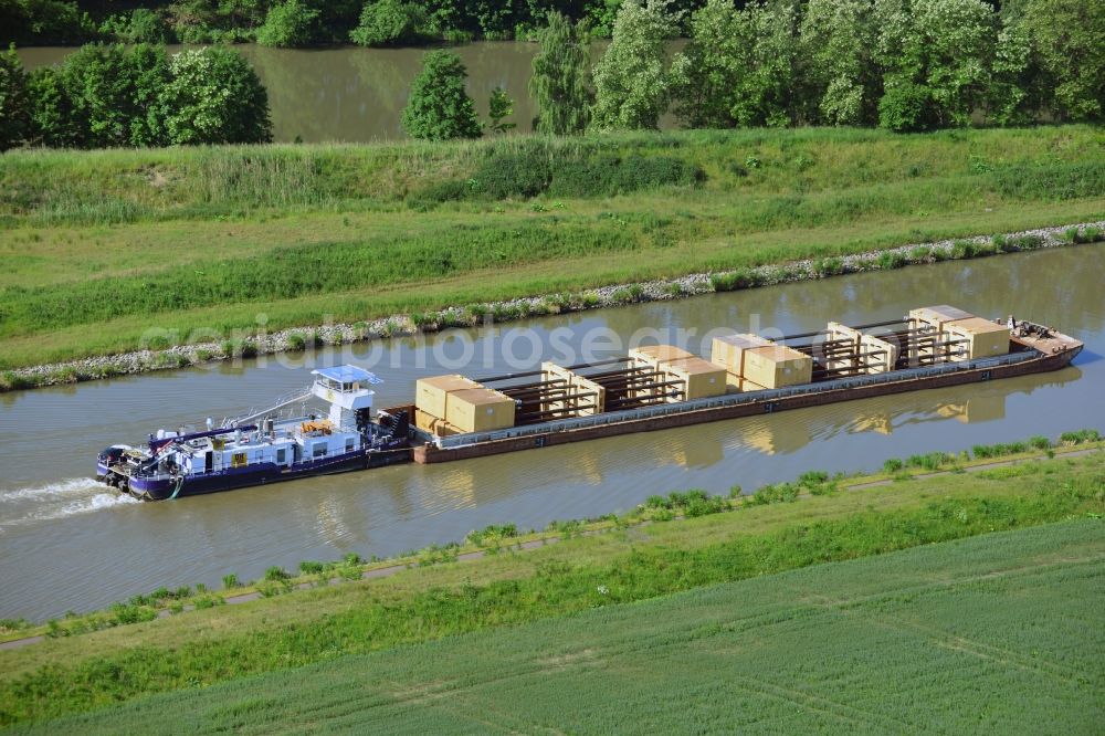 Seedorf from above - Ships and barge trains inland waterway transport in driving on the waterway of the river des Elbe-Havel-Kanales in Seedorf in the state Saxony-Anhalt