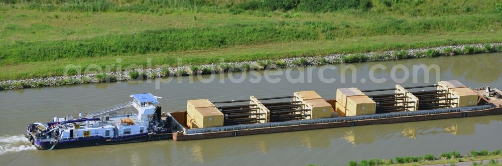 Seedorf from the bird's eye view: Ships and barge trains inland waterway transport in driving on the waterway of the river des Elbe-Havel-Kanales in Seedorf in the state Saxony-Anhalt