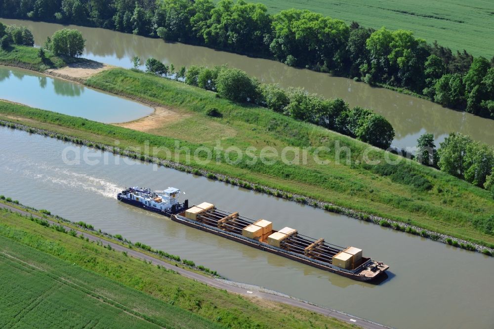 Aerial image Seedorf - Ships and barge trains inland waterway transport in driving on the waterway of the river des Elbe-Havel-Kanales in Seedorf in the state Saxony-Anhalt