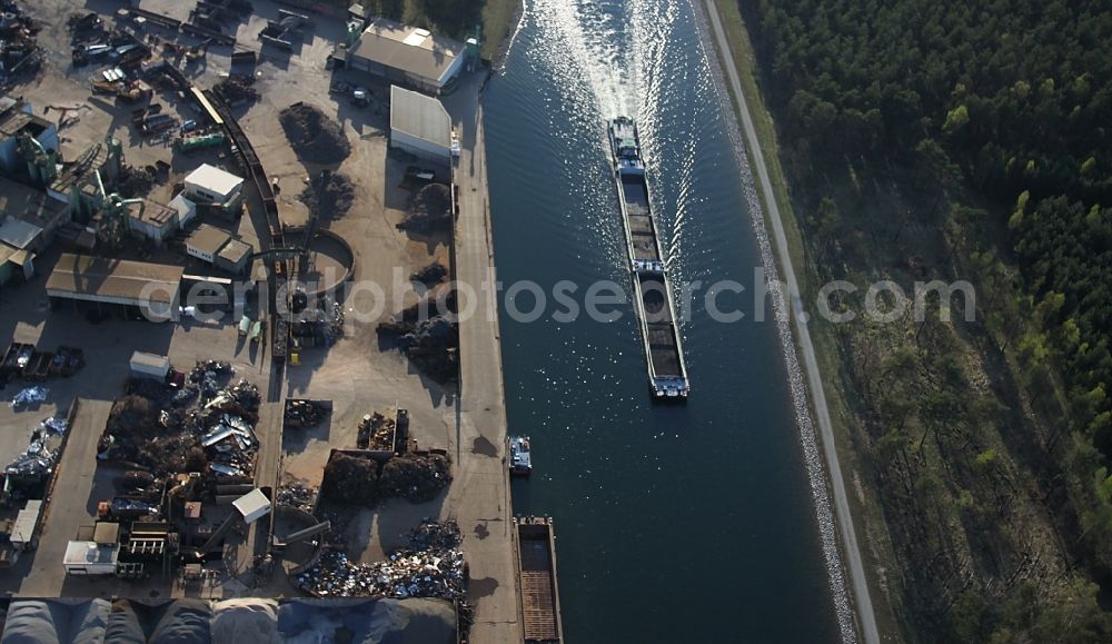 Aerial image Eberswalde - Ships and barge trains inland waterway transport in driving on the waterway of the river Oder-Havel-Kanal in Eberswalde in the state Brandenburg