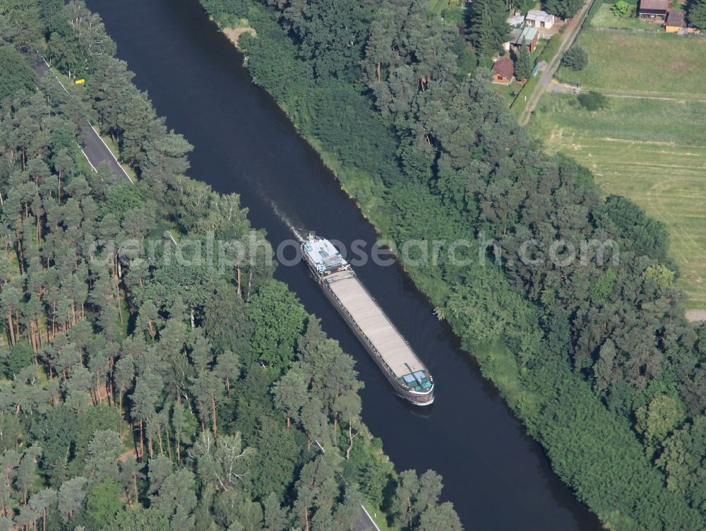 Aerial image Zerpenschleuse - Ships and barge trains inland waterway transport in driving on the waterway of the river Oder-Havel-Kanal in Zerpenschleuse in the state Brandenburg