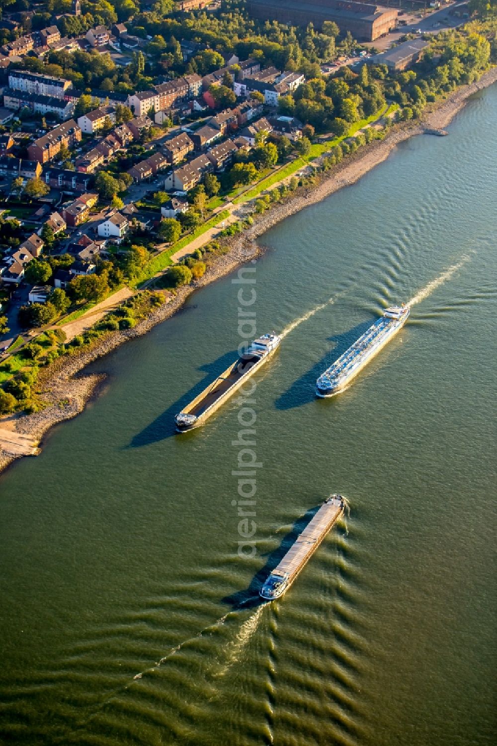 Duisburg from the bird's eye view: Ships and barge trains inland waterway transport in driving on the waterway of the river of rhine in Duisburg in the state North Rhine-Westphalia