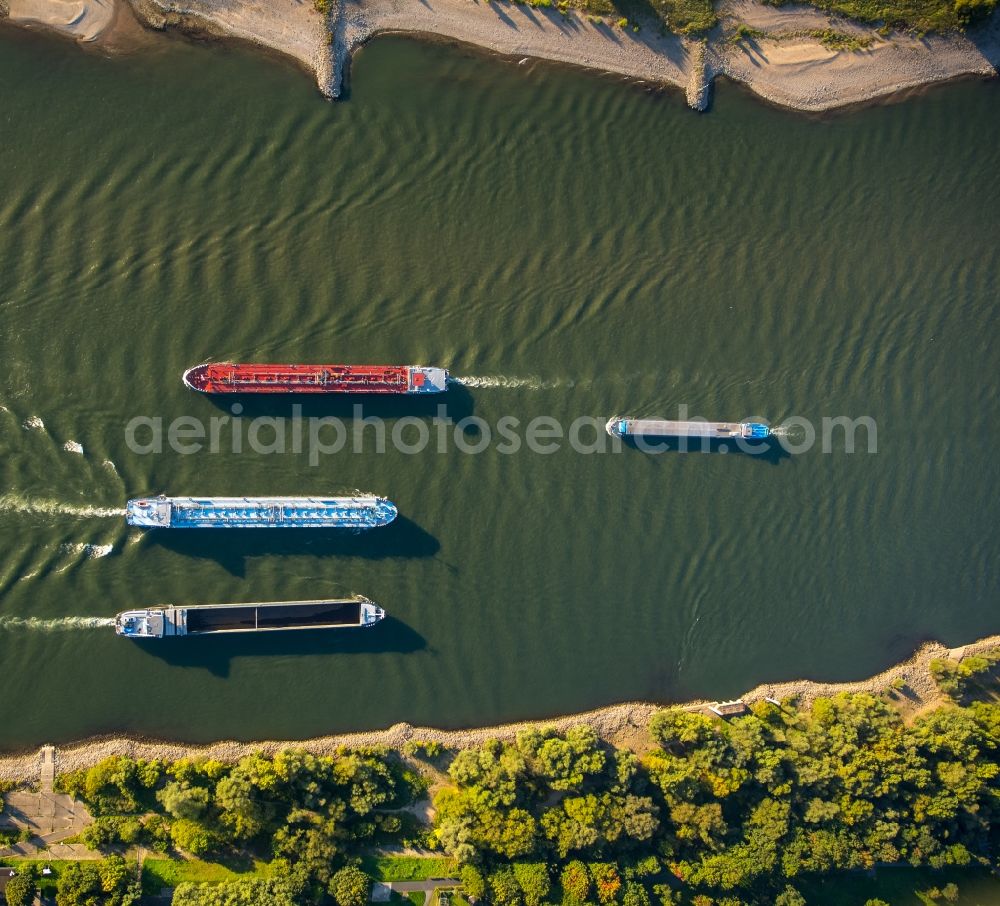 Duisburg from the bird's eye view: Ships and barge trains inland waterway transport in driving on the waterway of the river of rhine in Duisburg in the state North Rhine-Westphalia