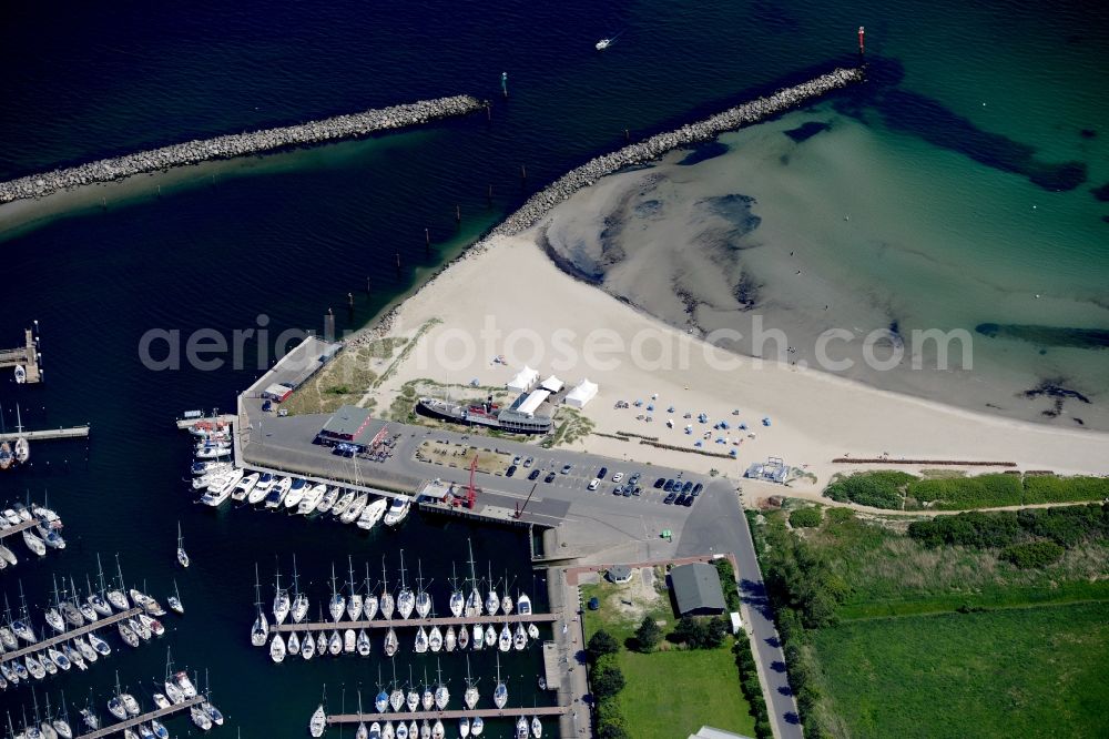 Damp from the bird's eye view: The local community Damp and its sailboats in the harbor besides the coastline of the baltic sea in the state Schleswig-Holstein