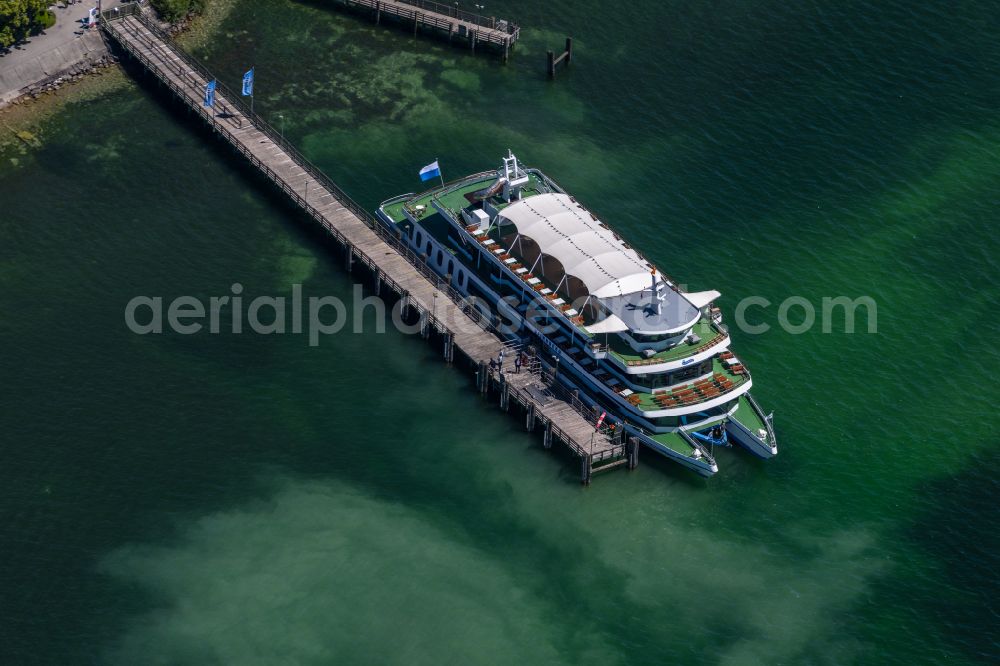 Starnberg from above - The excursion ship Starnberg of the Bavarian Seeschifffahrt GmbH at the pier on Lake Starnberg in Starnberg in the state Bavaria, Germany