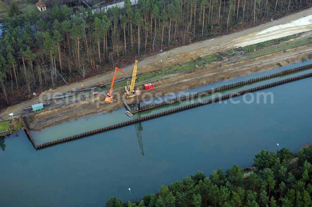 Niederfinow from above - Blick auf die erweiterungsbaustelle am Schiffshebewerk Niederfinow. Der Bund stellt 285 Millionen Euro für den Bau eines neuen Schiffshebewerkes bereit, welches die seit 1934 arbeitende alte, unter Denkmalschutz stehende Anlage ablösen soll.