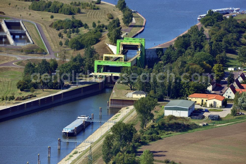 Magdeburg from above - Lift lock Rothensee between the Rothensee connection canal and the Mittelland Canal at the waterway cross Magdeburg in the state Saxony-Anhalt