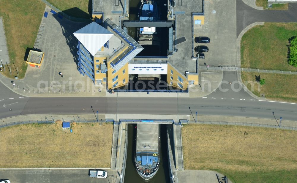 Aerial image Magdeburg - New Boat lift and locks plants on the banks of the waterway of the Abstiegskanal Rothensee in Magdeburg in the state Saxony-Anhalt